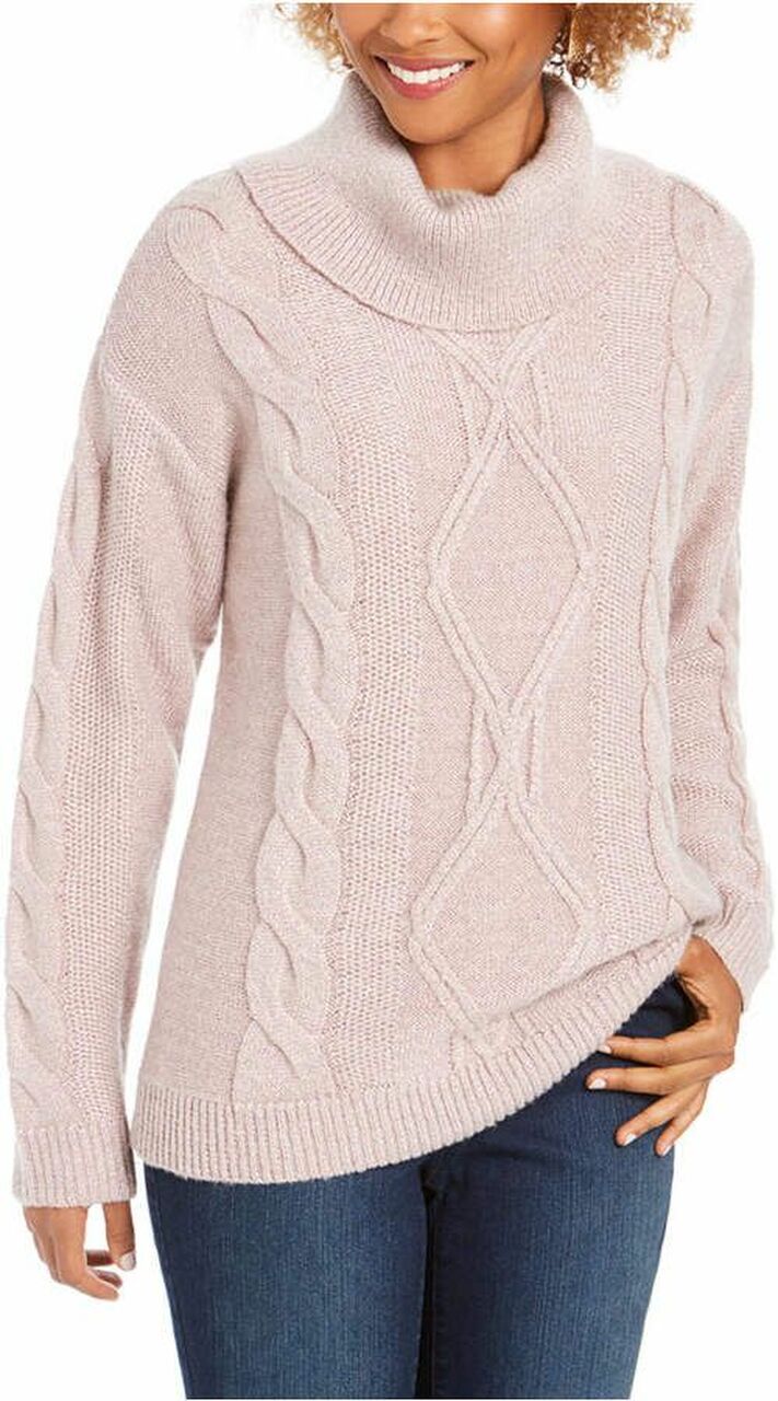 Charter Club Women's Cowl-Neck Cable-Knit Glitter Sweater Pink Size Small