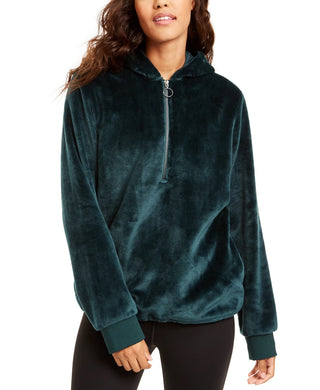 Ideology Women's Faux-Fur Quarter-Zip Hoodie Dark Green Size Small