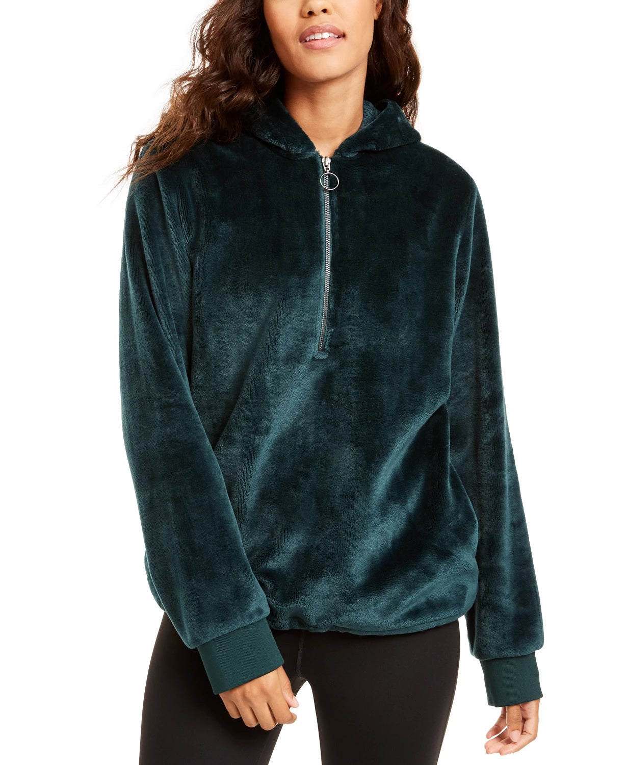 Ideology Women's Faux-Fur Quarter-Zip Hoodie Dark Green Size X-Small