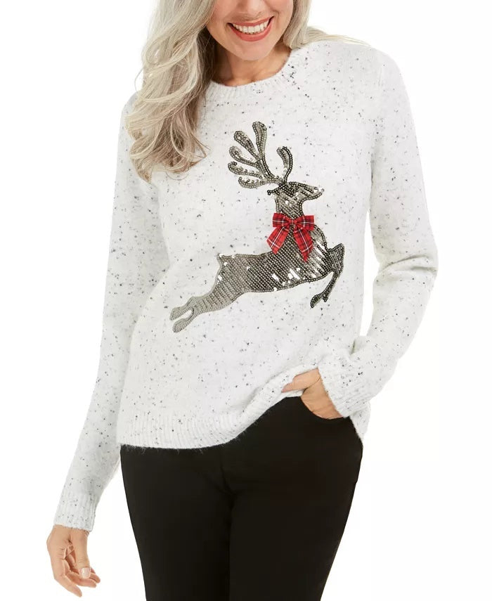 Karen Scott Women's Sequined Reindeer Sweater White Size X-Large