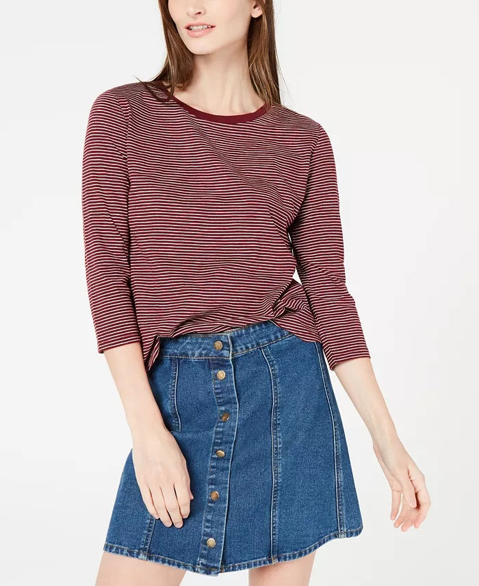 Maison Jules Women's Striped 3/4-Sleeve Shirt Wine Size Large