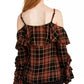 INC International Concepts Women's Ruffled Cold Shoulder Plaid Top Black Size X-Large