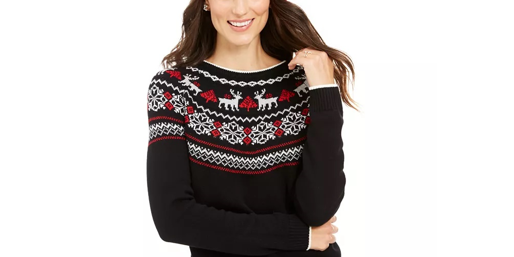 Charter Club Women's Metallic Fair Isle Family Sweater Black Size Medium