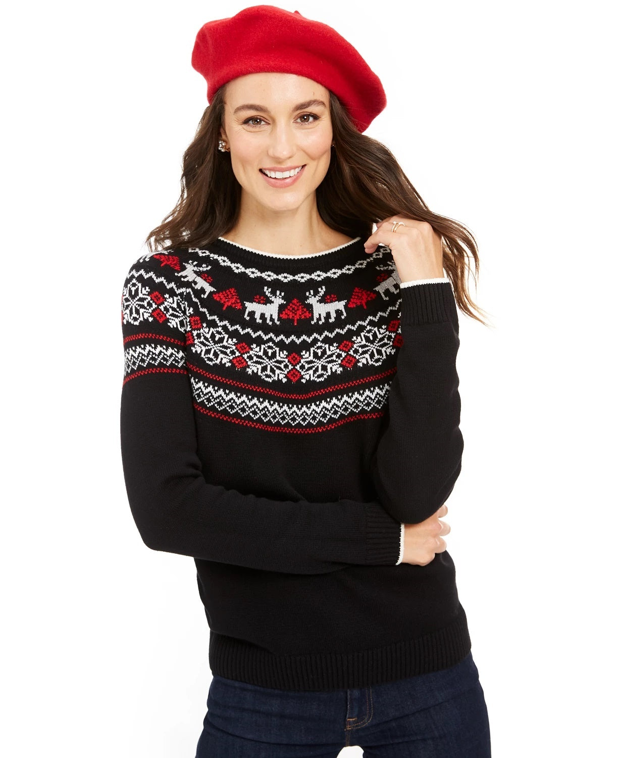 Charter Club Women's Metallic Fair Isle Family Sweater Black Size X-Large