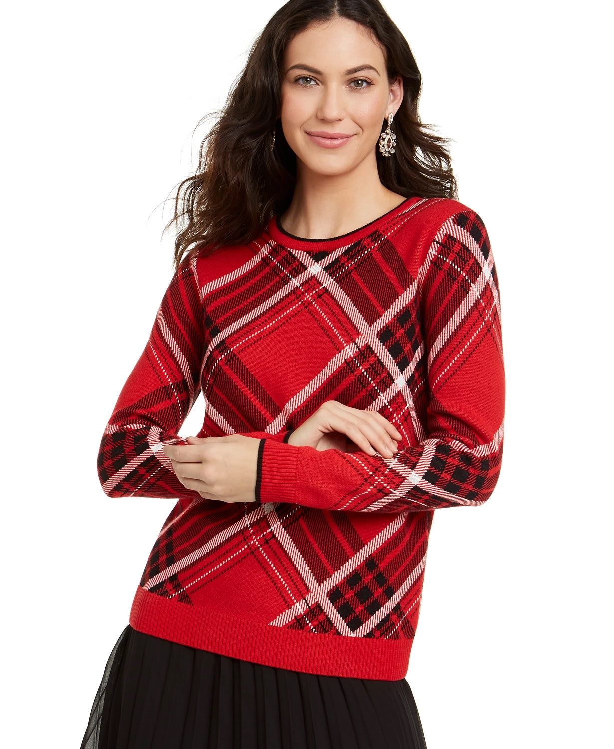 Charter Club Women's Plaid Crewneck Family Sweater Red Size Large