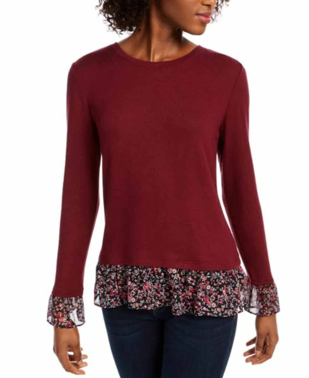 Maison Jules Women's Floral Print Ruffle Top Wine Size Medium