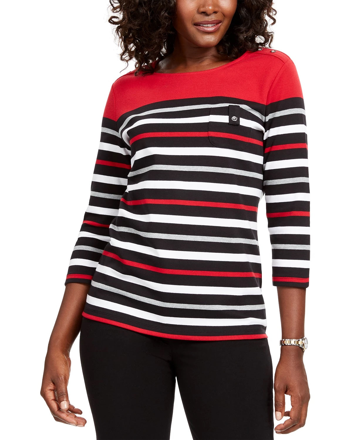 Karen Scott Women's Sport Striped 3/4-Sleeve Top Bright Red Size Large