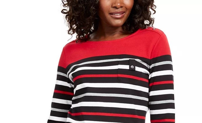 Karen Scott Women's Sport Striped 3/4 Sleeve Top Bright Red Size Small