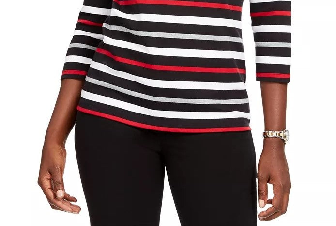 Karen Scott Women's Sport Striped 3/4 Sleeve Top Bright Red Size Small