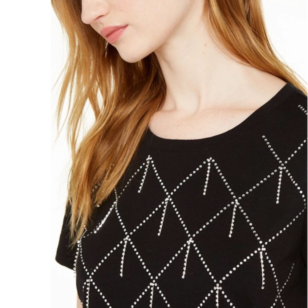 INC International Concepts Women's Cotton Raining Rhinestone Embellished T Shirt Black Size Large
