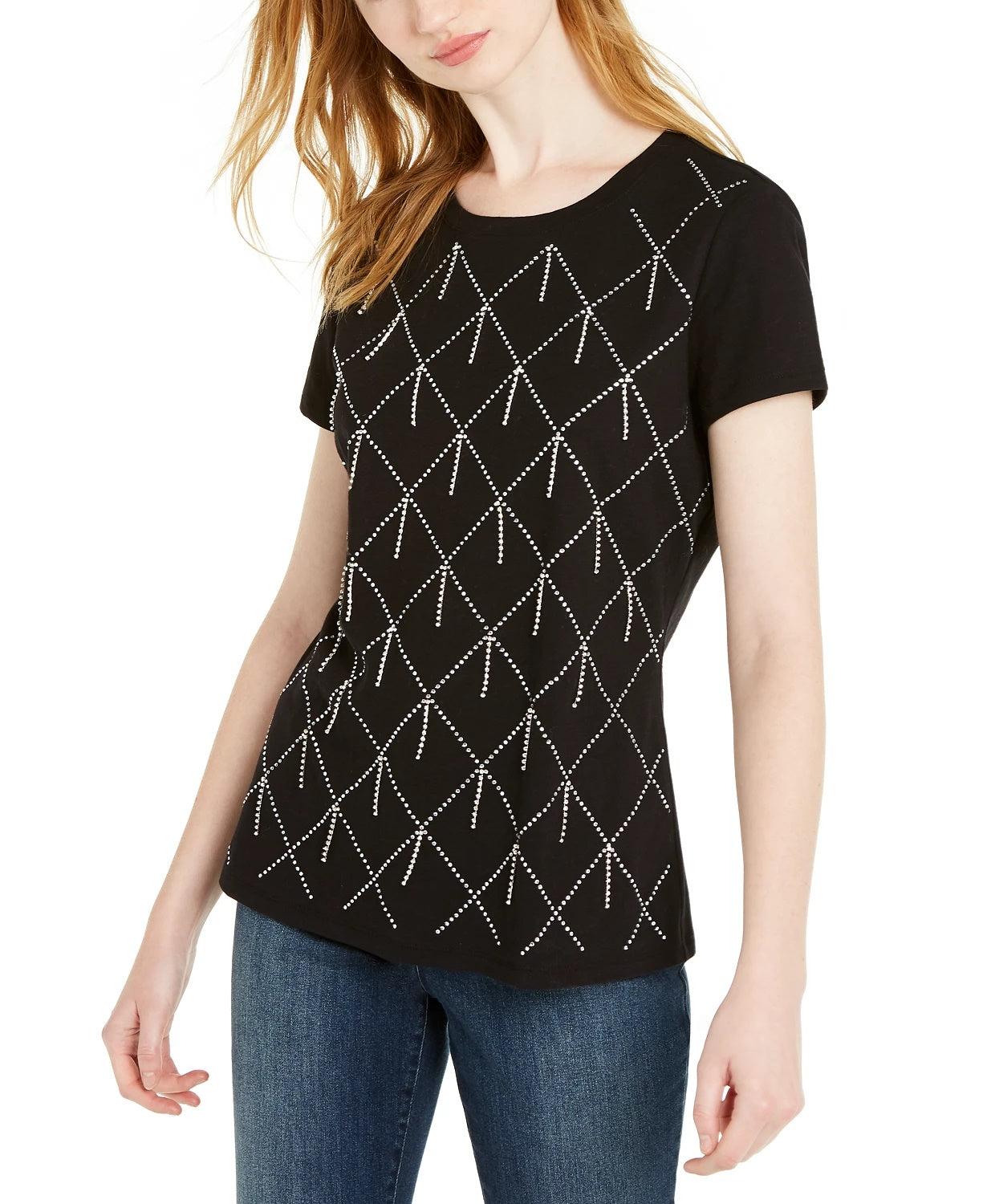 INC International Concepts Women's Cotton Raining Rhinestone Embellished T Shirt Black Size Large
