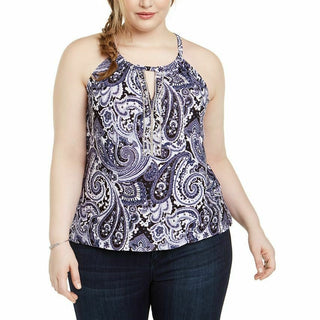 INC International Concepts Women's Plus Size Printed Keyhole-Cutout Embellished Halter Top Blue Size XX-Large