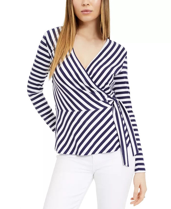 Maison Jules Women's Striped Wrap Knit Top Navy Size Small