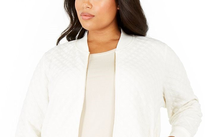 Charter Club Women's Textured Knit Bomber Jacket White Size Large