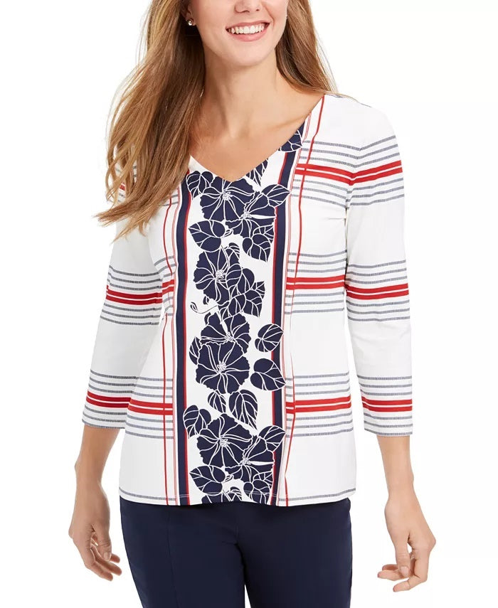 Charter Club Women's Mixed Print V Neck Tunic White Size Large