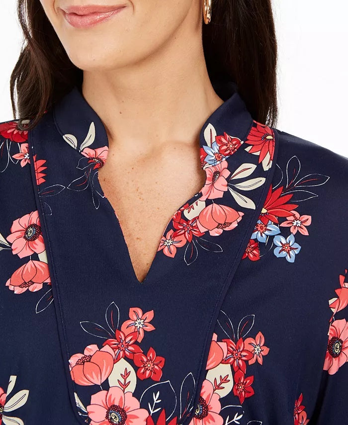 Charter Club Women's Floral Print Split-Neckline Tunic Blue Size XX-Large