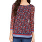 Charter Club Women's Sheer Sleeve Floral Print Top Medium Red Size Small