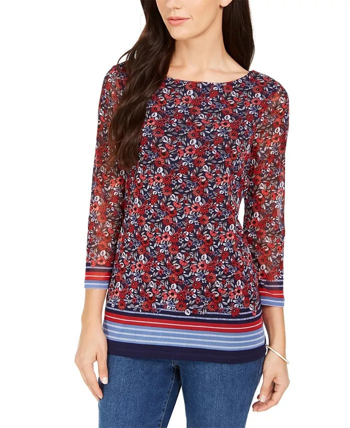 Charter Club Women's Sheer Sleeve Floral Print Top Medium Red Size Small