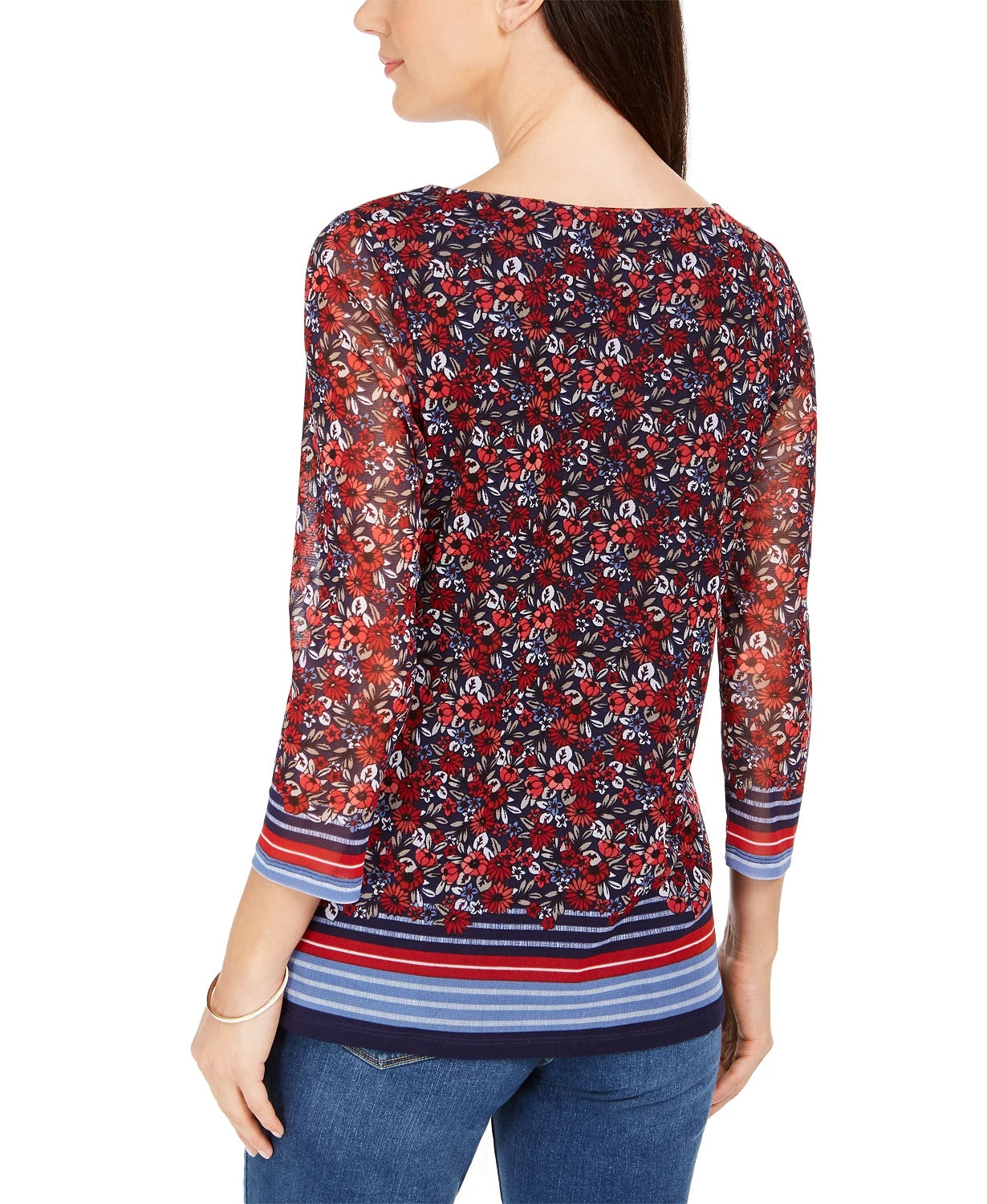 Charter Club Women's Sheer Sleeve Floral Print Top Medium Red Size Small