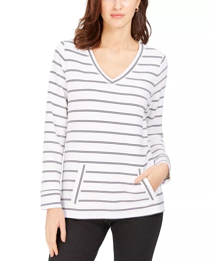 Charter Club Women's Striped V-Neck Tunic White Size Extra Small
