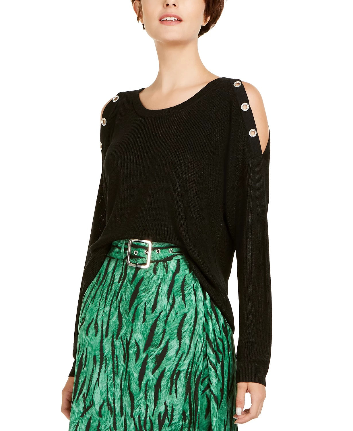 INC International Concepts Women's Grommet Cold-Shoulder Sweater Black Size Medium