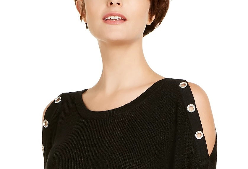 INC International Concepts Women's Grommet Cold-Shoulder Sweater Black Size Medium
