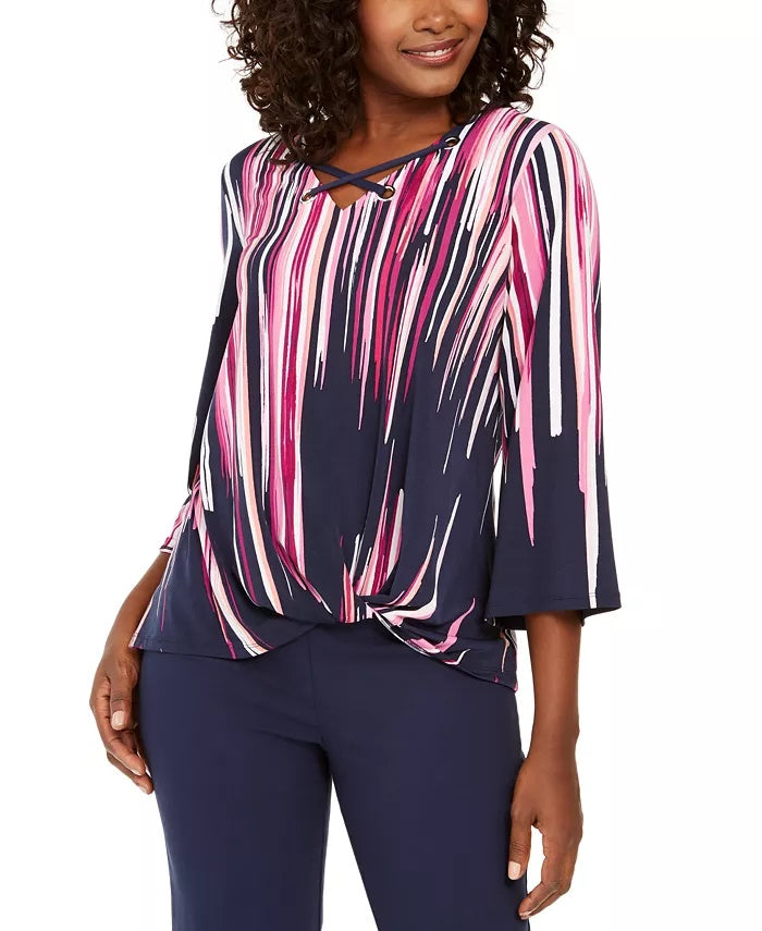 JM Women's Collection Printed Grommet-Trim Twist-Front Top Navy Size Medium