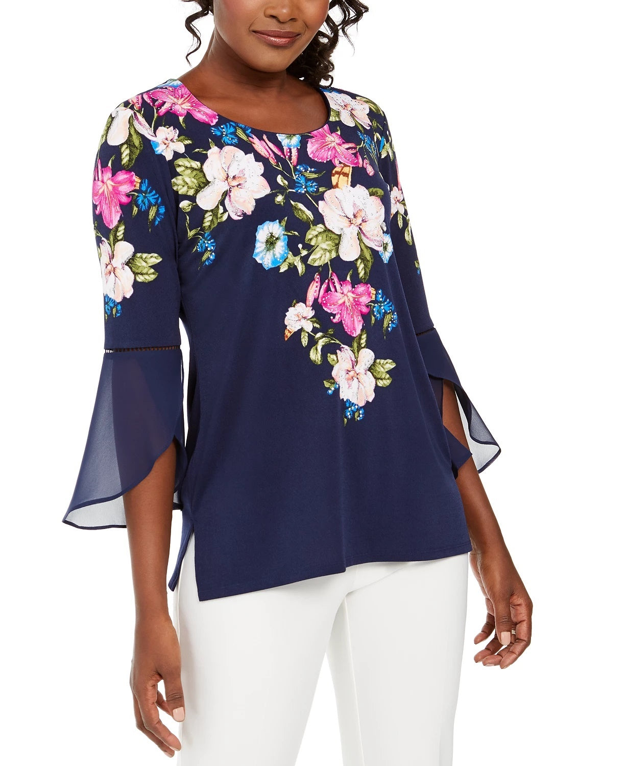 JM Collection Women's Printed Bell-Sleeve Tunic Top Navy Size Medium