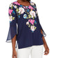 JM Collection Women's Printed Bell-Sleeve Tunic Top Navy Size Small