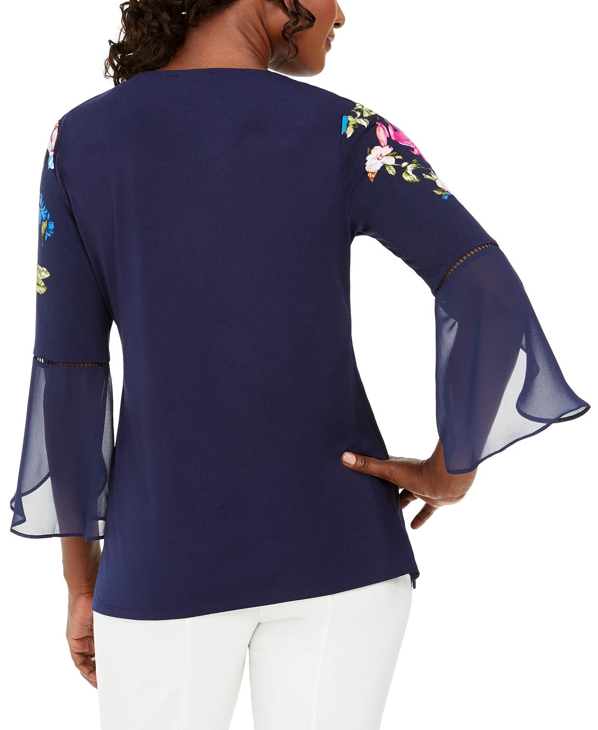 JM Collection Women's Printed Bell-Sleeve Tunic Top Navy Size Medium