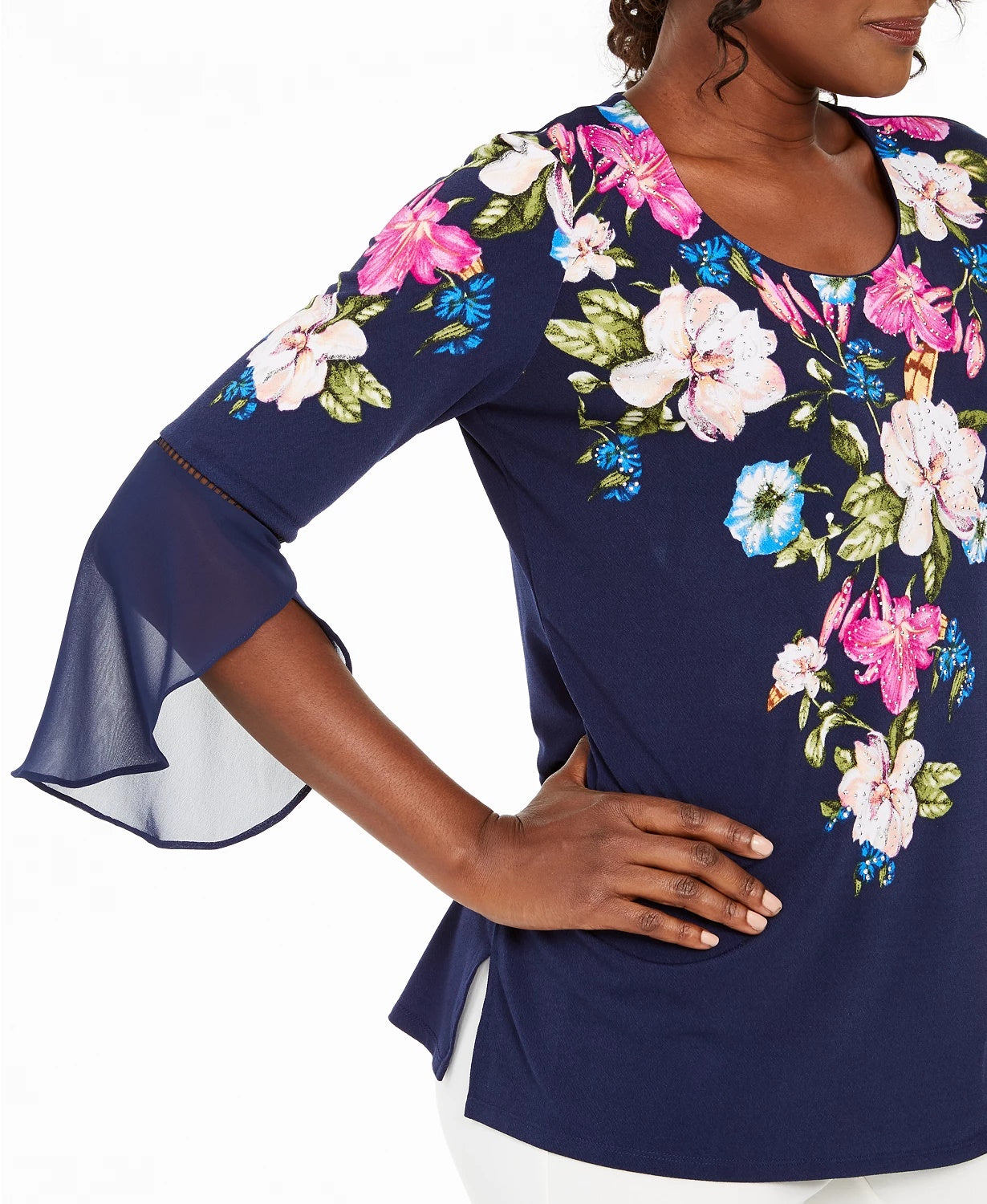 JM Collection Women's Printed Bell-Sleeve Tunic Top Navy Size Medium