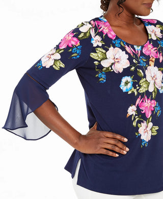 JM Collection Women's Printed Bell-Sleeve Tunic Top Navy Size Small