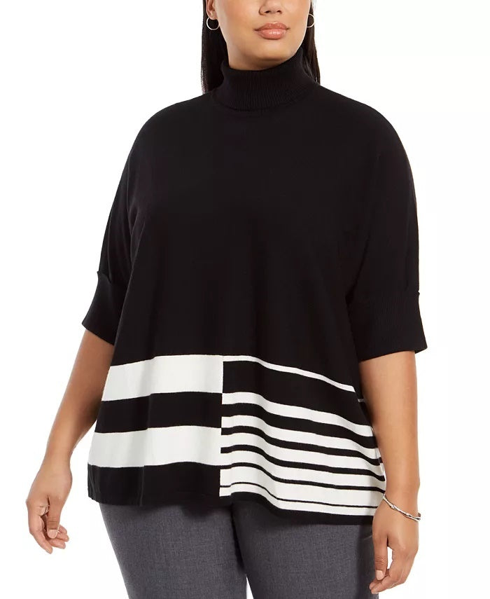 Alfani Women's Plus Size Colorblocked Turtleneck Poncho Black Size 2X