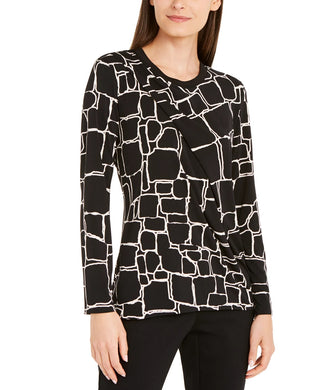Alfani Women's Printed Pleat Front Top Black Size Small