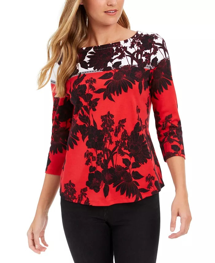 Charter Club Women's  Pima Cotton Printed Colorblocked Top Medium Red Size Extra Small
