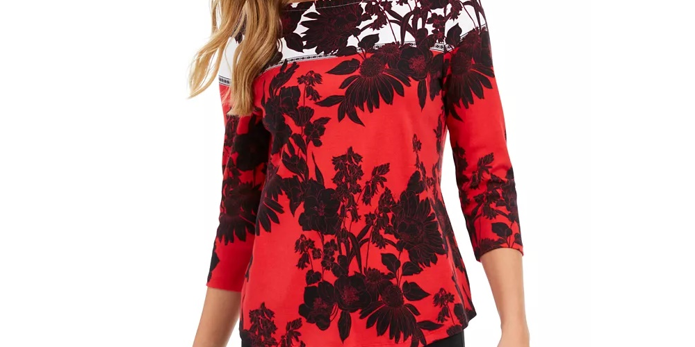 Charter Club Women's  Pima Cotton Printed Colorblocked Top Medium Red Size Extra Small