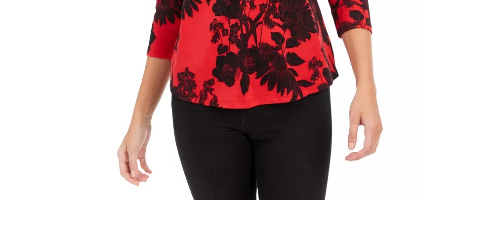 Charter Club Women's  Pima Cotton Printed Colorblocked Top Medium Red Size Extra Small