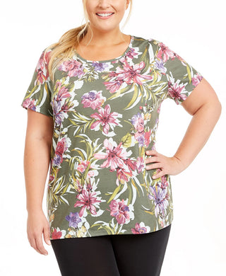 Ideology Women's Palm Floral Print Top Green Size 3X