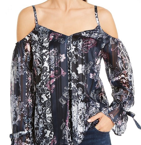 INC International Concepts Women's Printed Cold Shoulder Top Navy Size Petite Small
