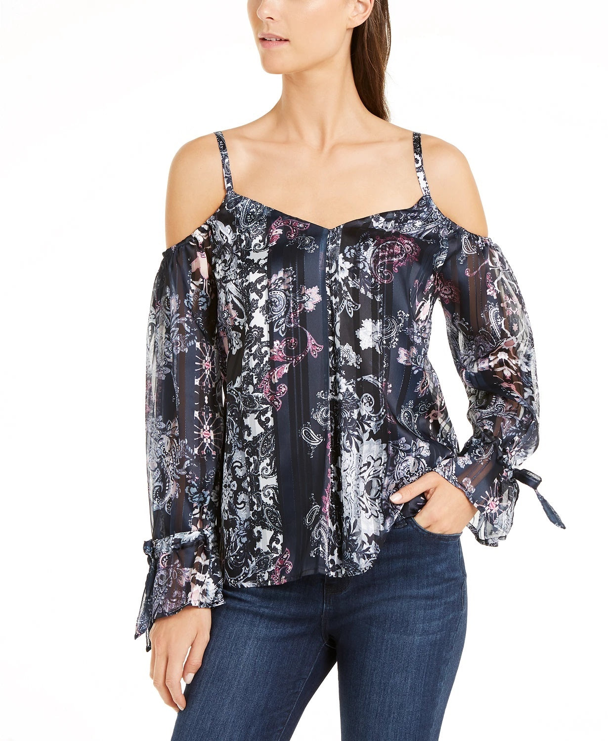 INC International Concepts Women's Printed Cold Shoulder Top Navy Size Petite Small