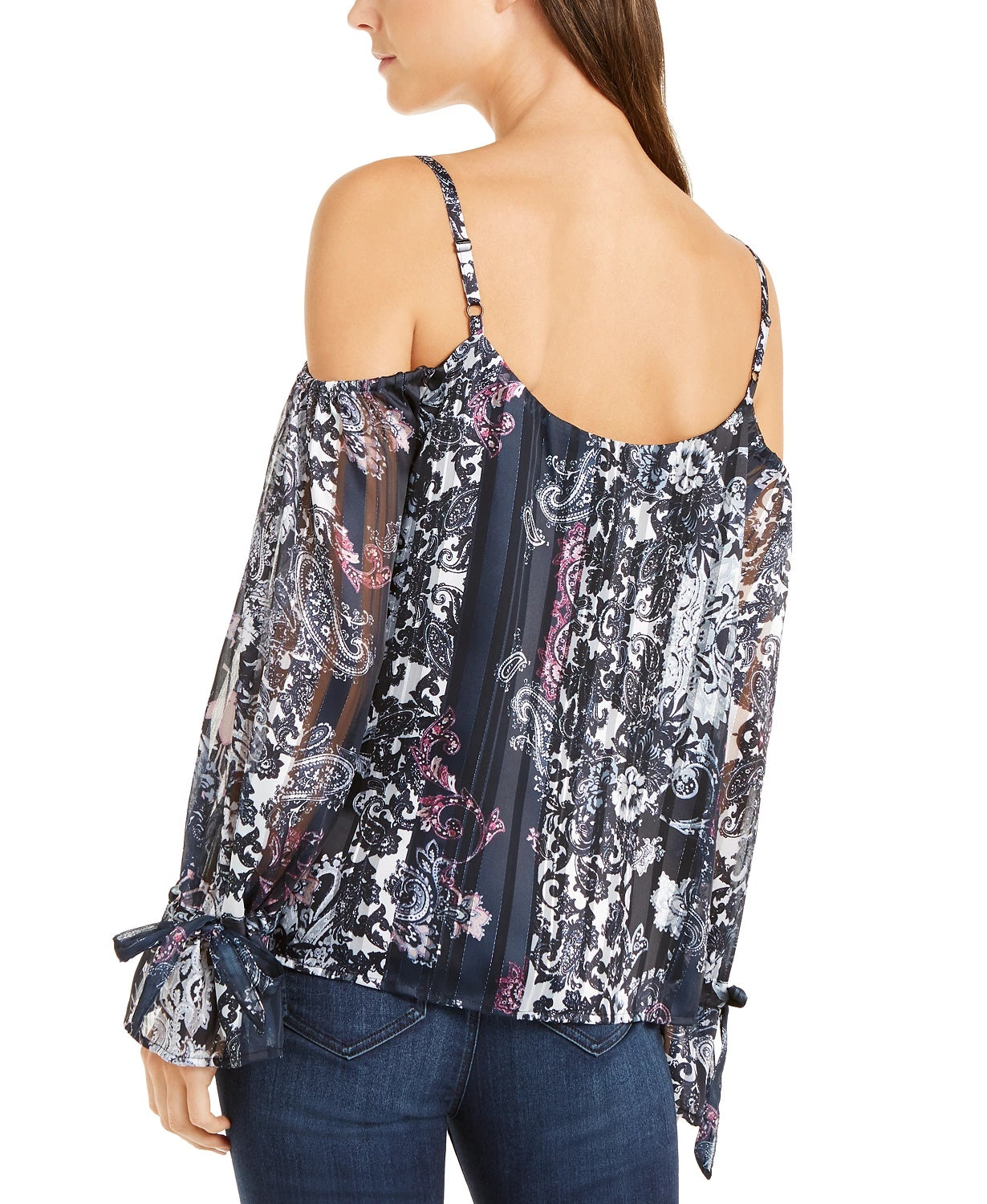 INC International Concepts Women's Printed Cold Shoulder Top Navy Size Petite Small