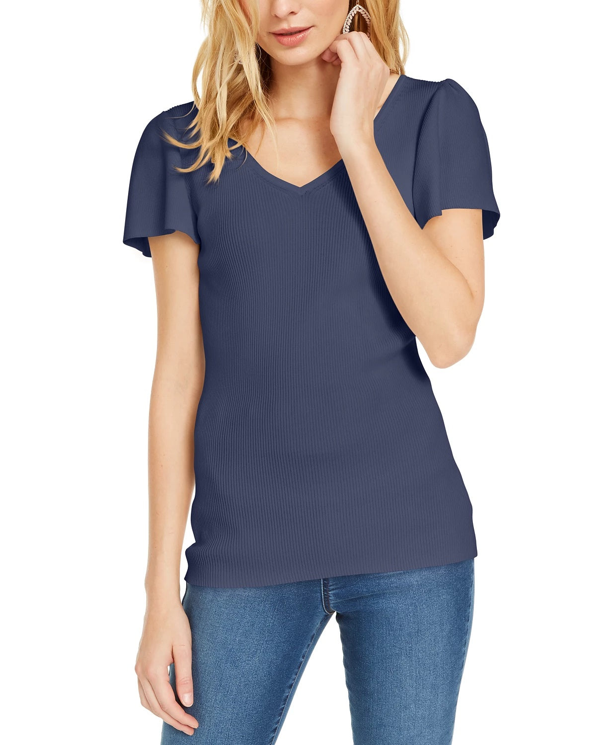 INC International Concepts Women's V Neck Flutter Sleeve Sweater Navy Size X-Large