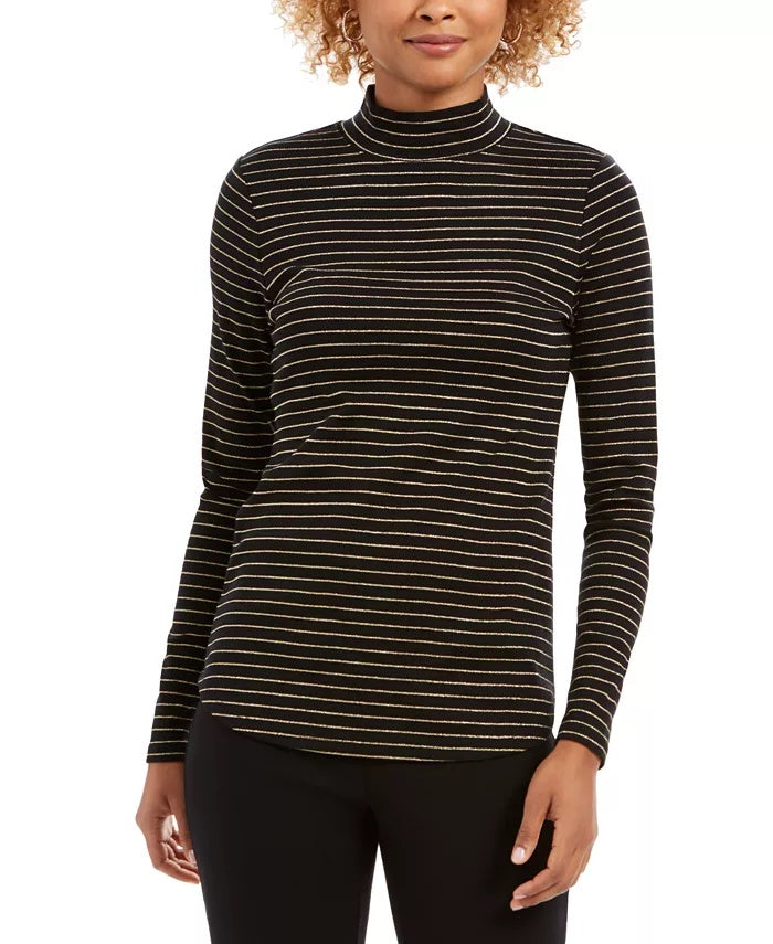 Charter Club Women's Striped Mock Neck Top Black Size Small