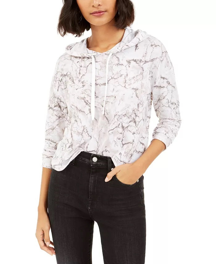 Bar III Women's Marble Print Pullover Hoodie White Size X-Small