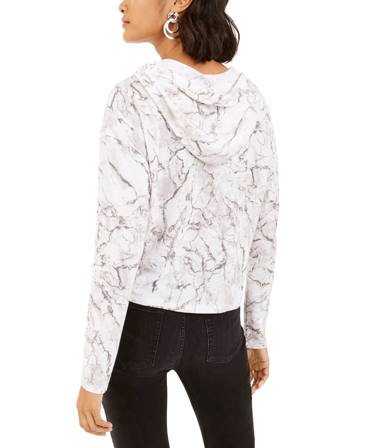 Bar III Women's Marble-Print Pullover Hoodie White Size Medium