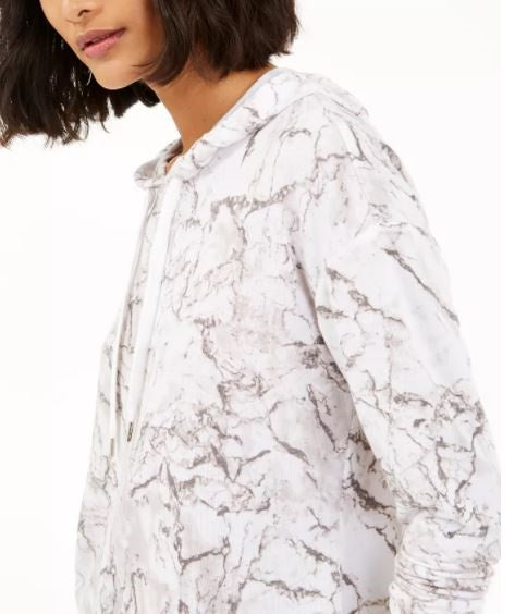 Bar III Women's Marble-Print Pullover Hoodie White Size Medium