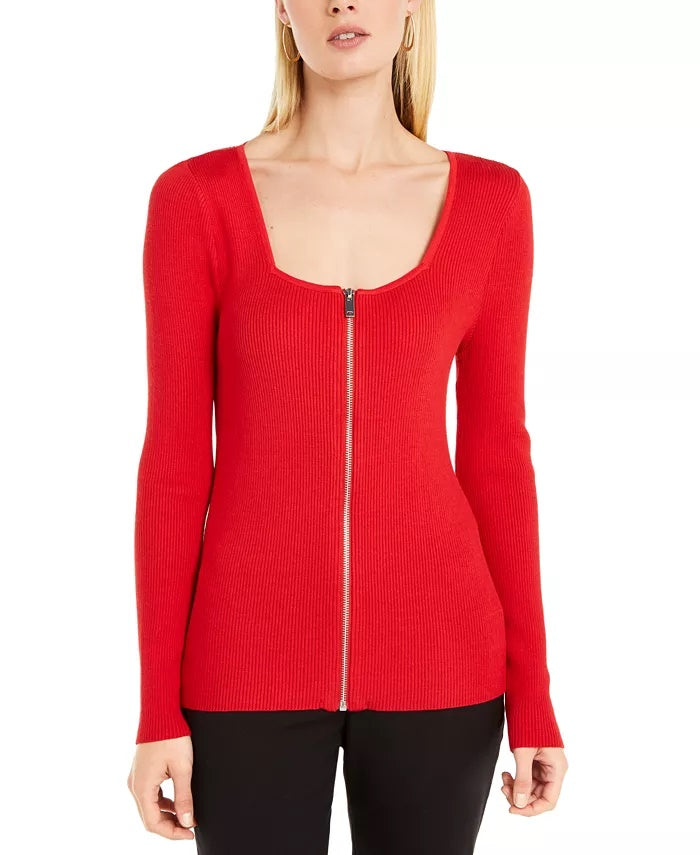 INC International Concepts Women's Square Neck Zip Front Sweater Medium Red Size XX-Large