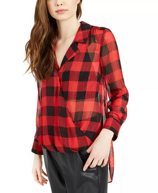 Bar III Women's Metallic Plaid Surplice High-Low Tunic Top Dark Red Size X-Small