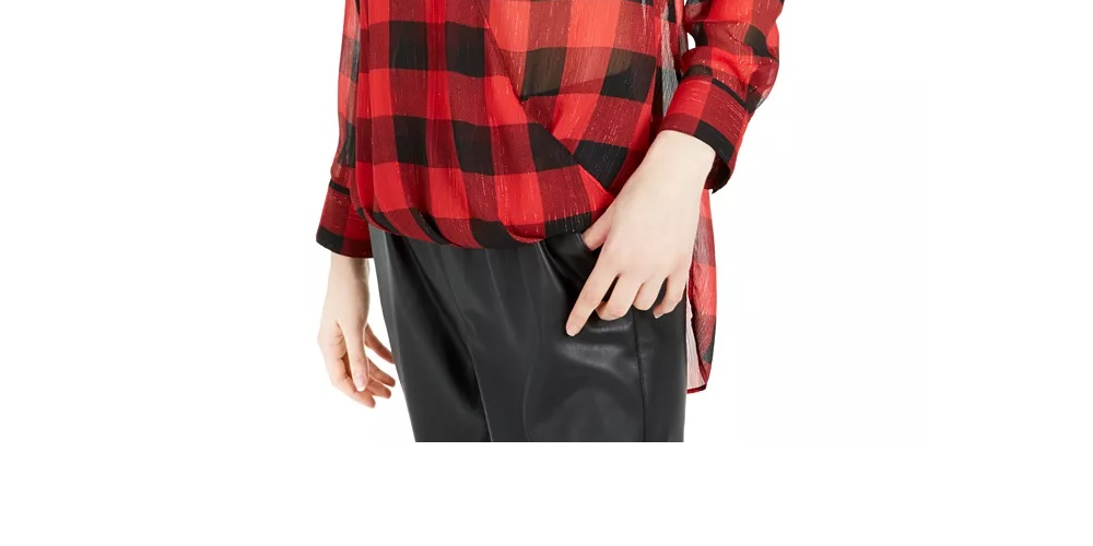Bar III Women's Metallic Plaid Surplice High-Low Tunic Top Dark Red Size X-Small