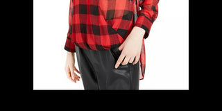 Bar III Women's Metallic Plaid Surplice High-Low Tunic Top Dark Red Size X-Small